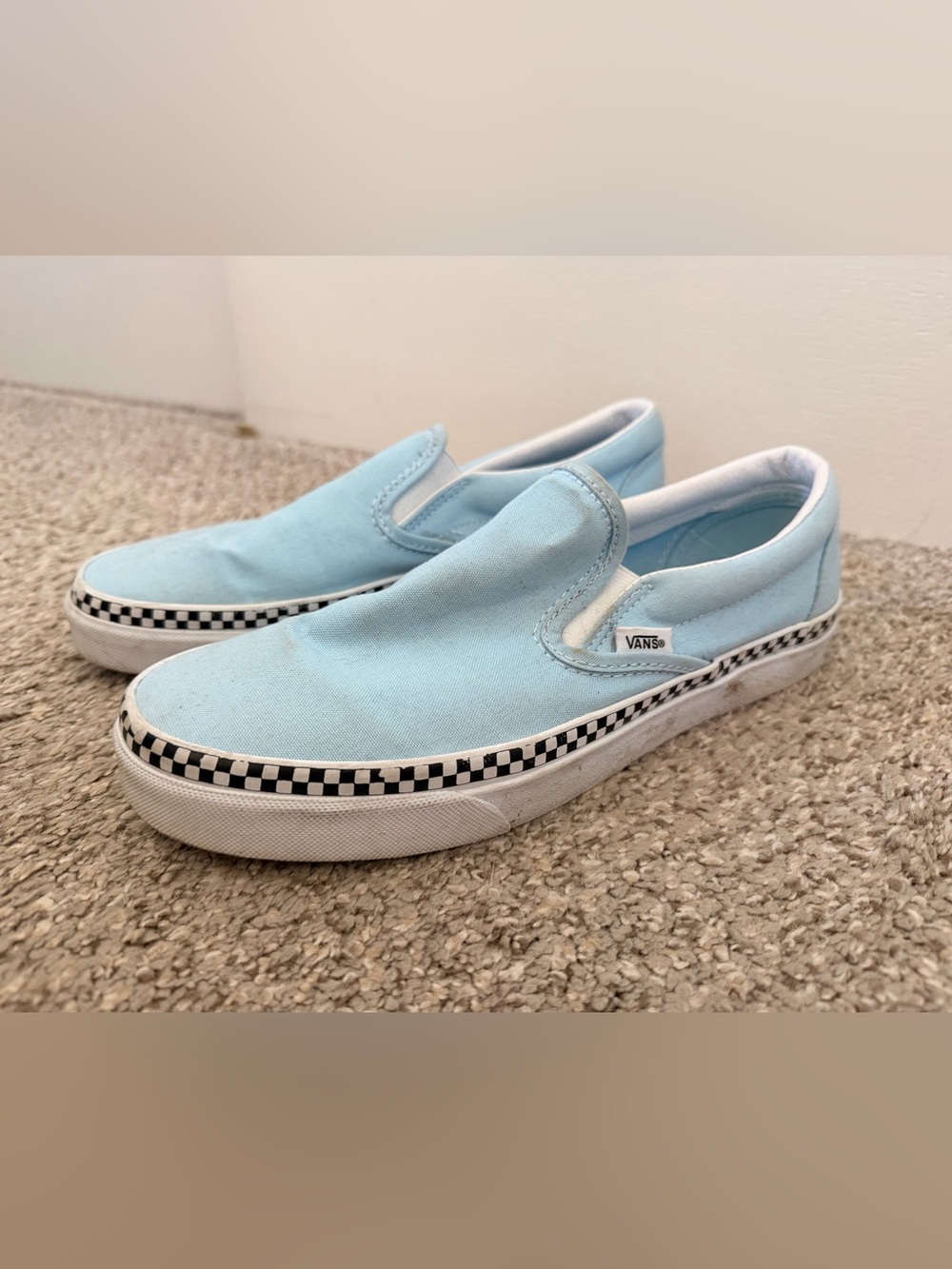 Vans Women’s Slip-On Canvas Sneakers in Light Blue with Checkerboard Trim